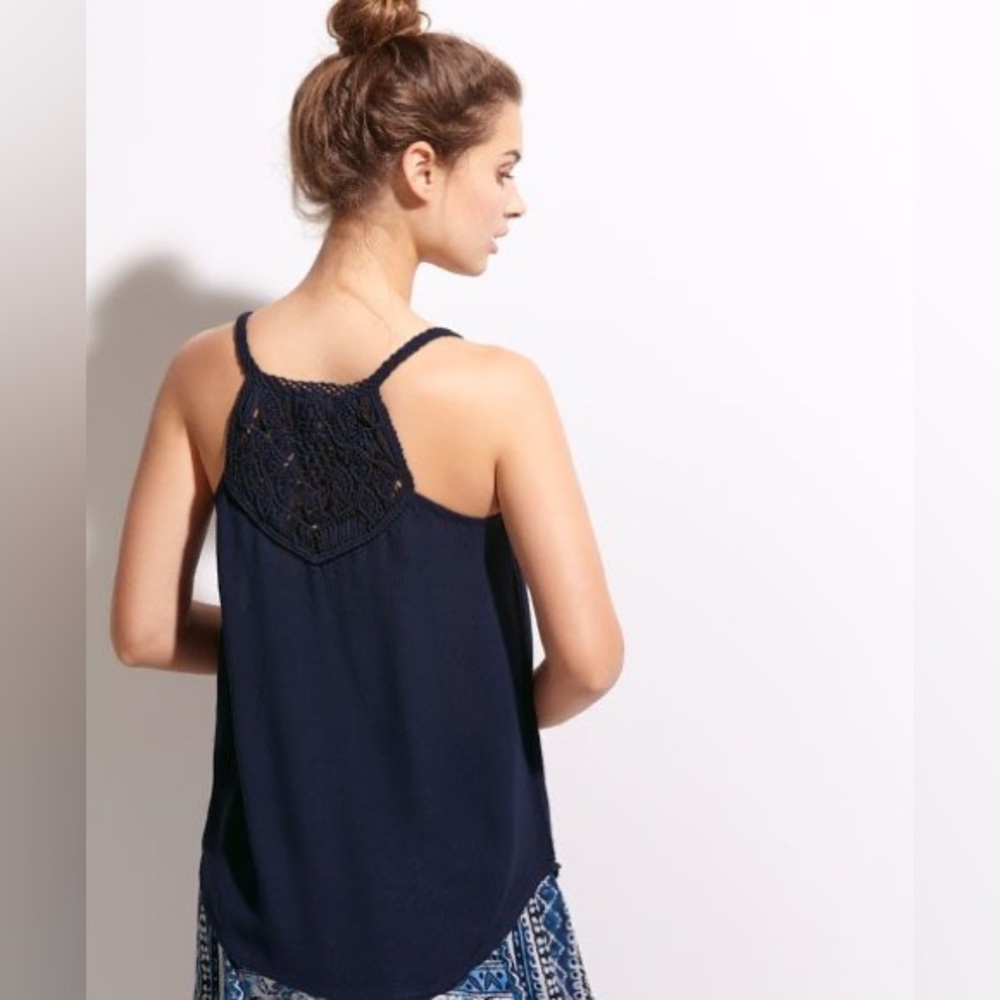 OYSHO Navy Blue Women's Top with Lace Detail M